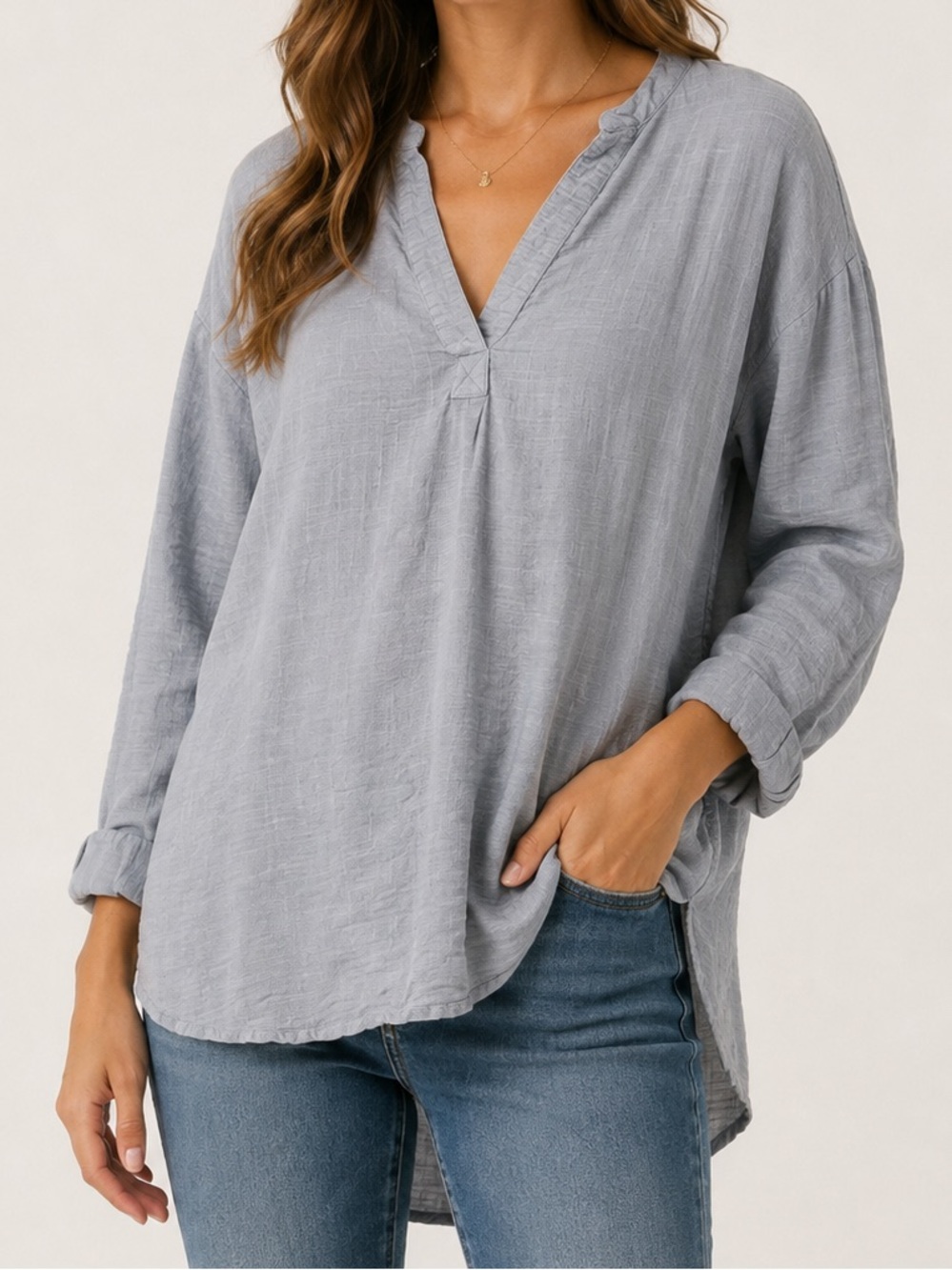 Rip Curl V-Neck Boyfriend Shirt Pullover Blouse Linen Grey Blue Medium $80